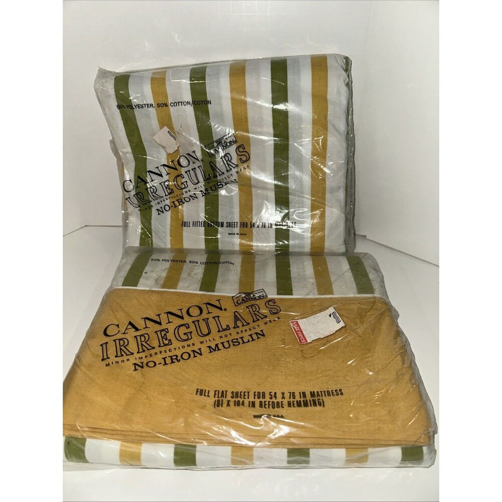 Vtg Cannon Monticello Full Flat & Fitted Sheet Green & Yellow Stripes Irregular